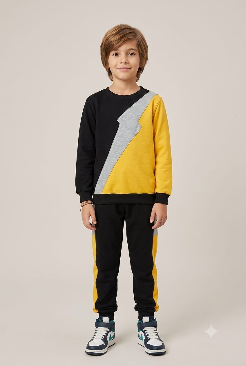 Chhotu's Club Lightning Bolt Sweatshirt & Jogger Set | Boys Black, Yellow Red & Grey Fleece Tracksuit