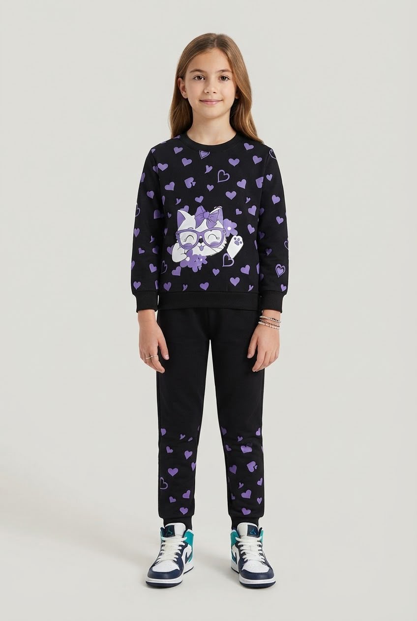 Girls Black & Purple Heart Printed Sweatshirt & Trouser Set