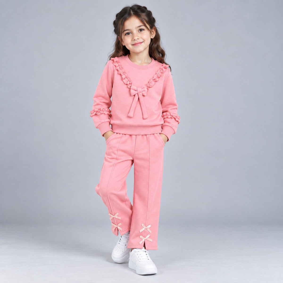 Girls Ruffle Bow Sweatshirt & Wide Leg Trouser Set