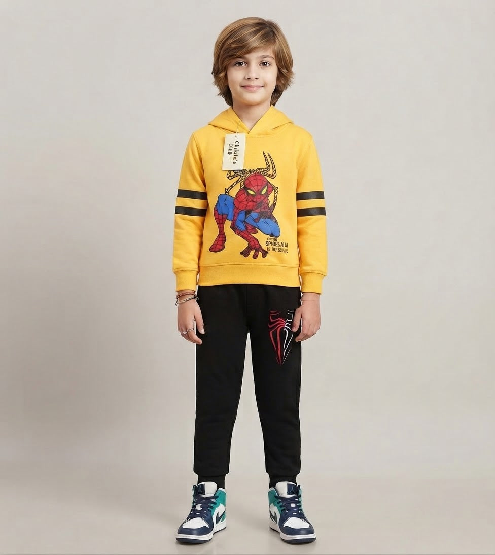 Chhotu's Club Spider-Man Yellow & Off White Hoodie & Black Jogger Set | Boys Marvel Fleece Tracksuit