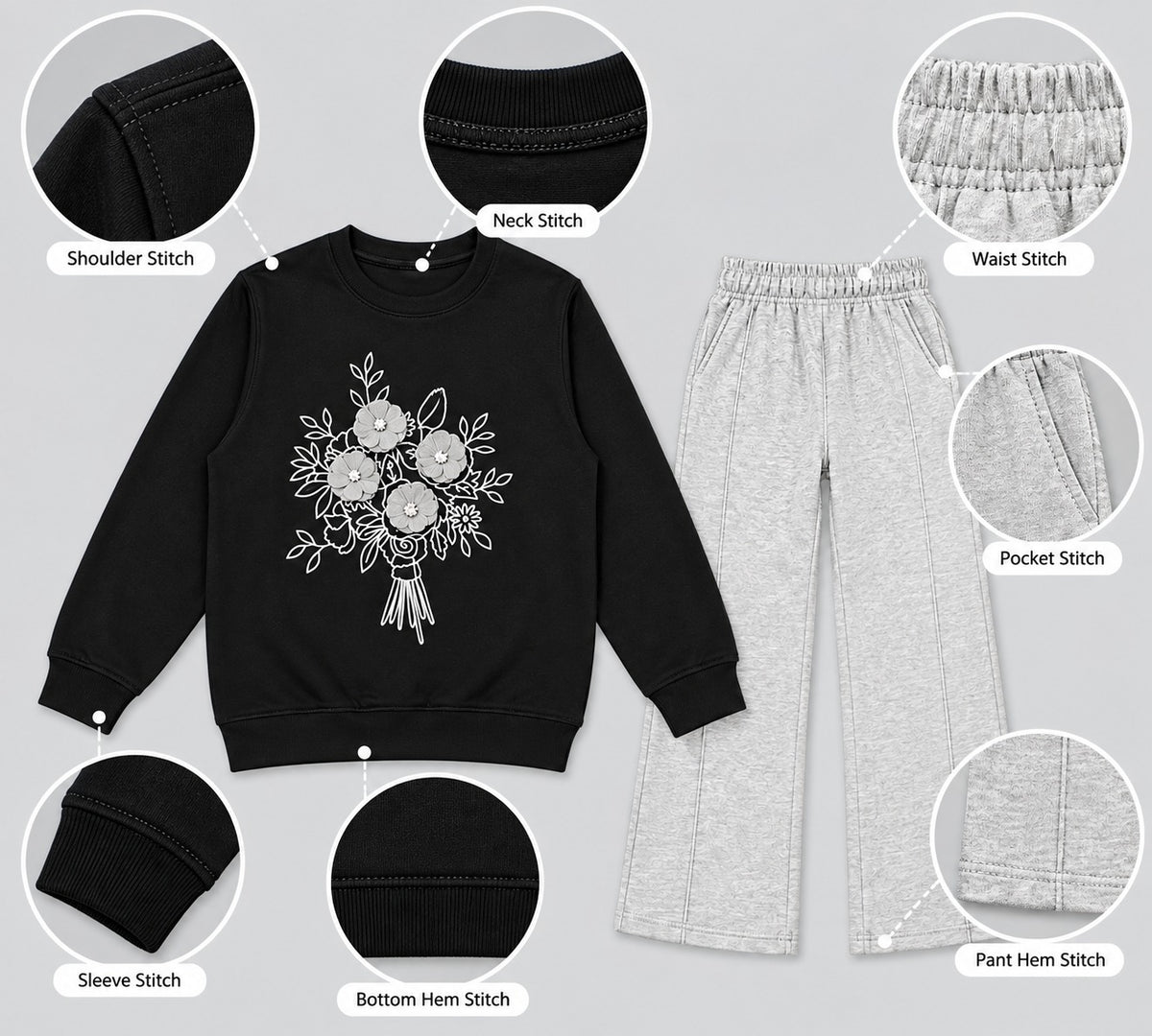 Kids’ Black Floral Sweatshirt & Light Grey Jogger Set