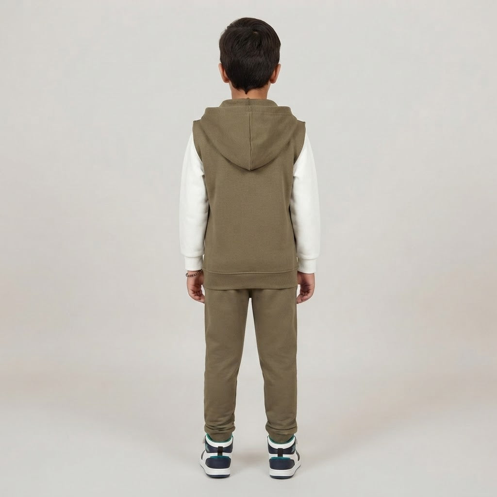 Kids Mickey Mouse 3-Piece Fleece Vest & Tracksuit Set | Boys Olive Green & White Disney Outfit