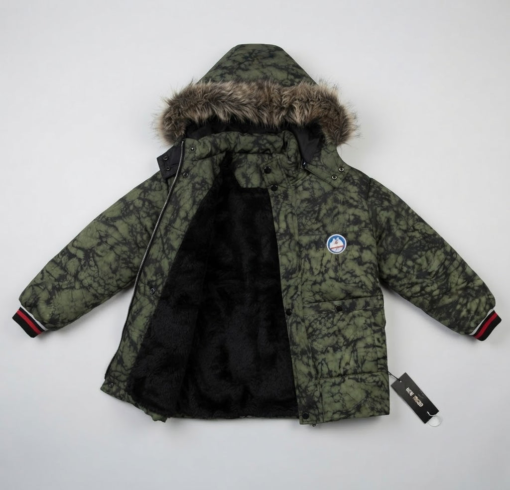 Kids Olive Green Tie-Dye Faux Fur-Lined Winter Puffer Jacket | Boys Hooded Coat with Fur Trim
