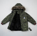 Kids Olive Green Tie-Dye Faux Fur-Lined Winter Puffer Jacket | Boys Hooded Coat with Fur Trim