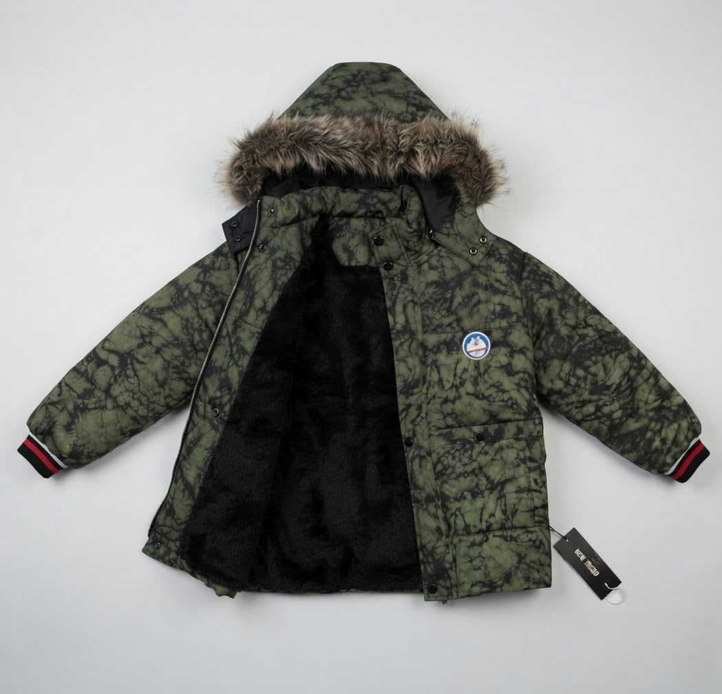 Kids Olive Green Tie-Dye Faux Fur-Lined Winter Puffer Jacket | Boys Hooded Coat with Fur Trim