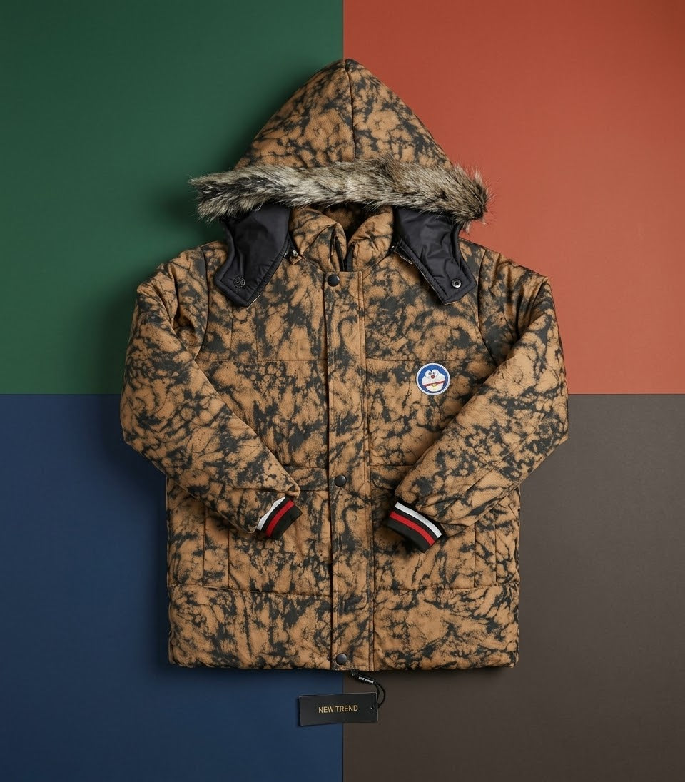 Kids Brown Tie-Dye Faux Fur-Lined Winter Puffer Jacket | Boys Hooded Coat with Fur Trim