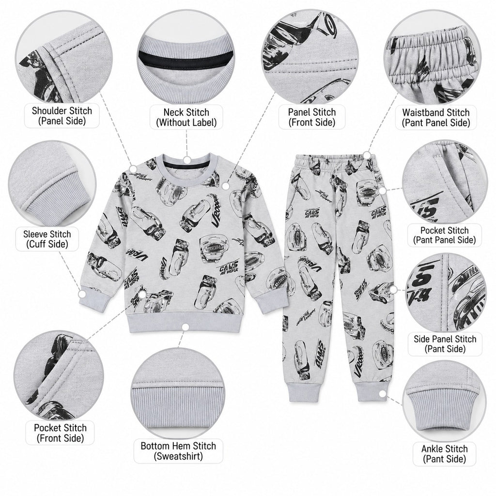 Kids All-Over Car Print Grey Sweatshirt & Jogger Set | Boys Vroom Streetwear Tracksuit