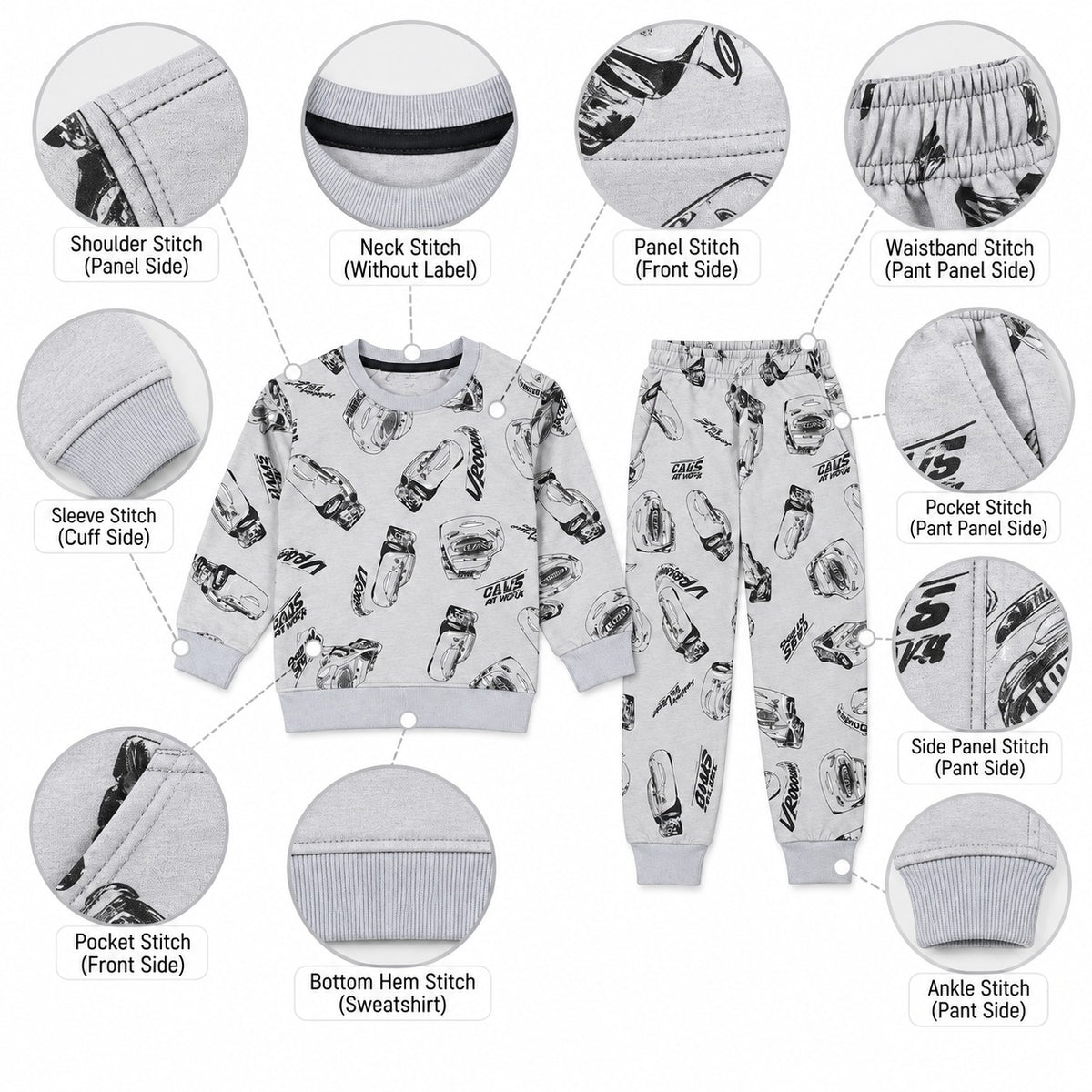 Kids All-Over Car Print Grey Sweatshirt & Jogger Set | Boys Vroom Streetwear Tracksuit