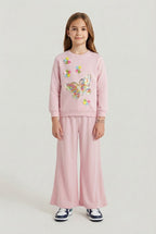 Girls Pink Butterfly Printed Sweatshirt & Flared Trouser Set