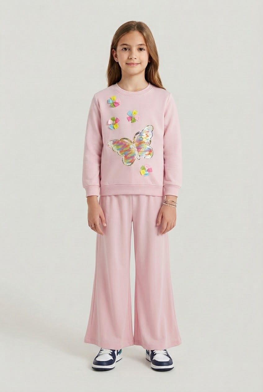 Girls Pink Butterfly Printed Sweatshirt & Flared Trouser Set