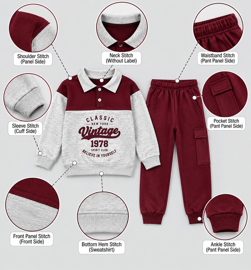 Kids "Classic Vintage 1978" Polo Tracksuit | Boys Maroon & Grey Fleece Outfit