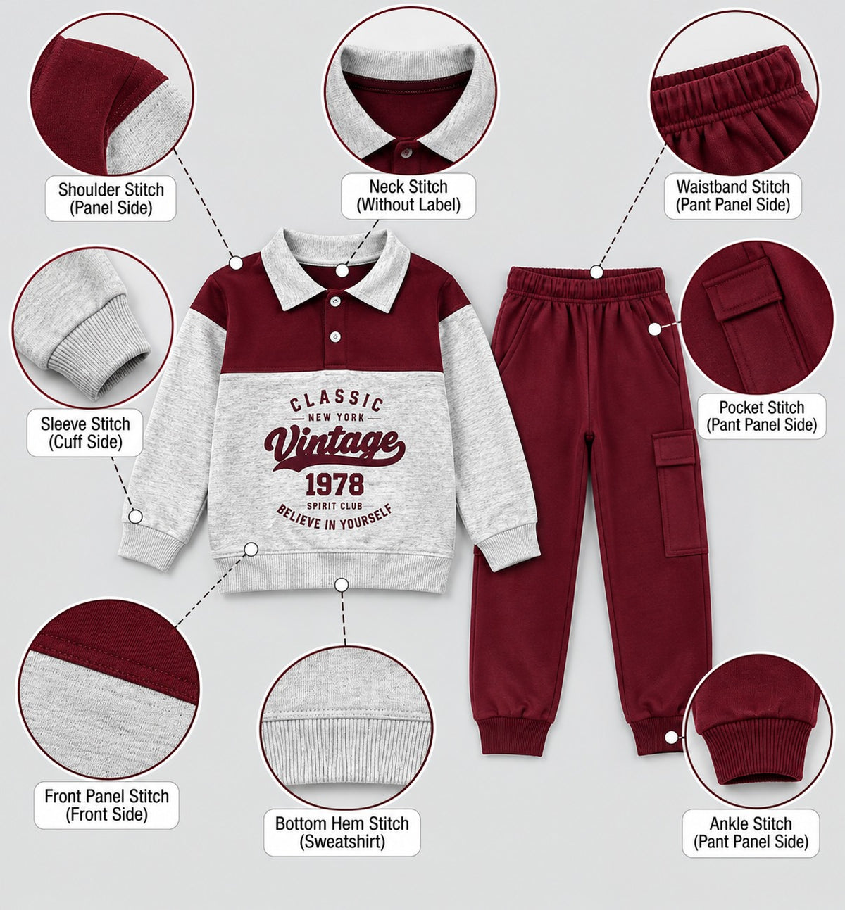 Kids "Classic Vintage 1978" Polo Tracksuit | Boys Maroon & Grey Fleece Outfit