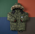 Kids Olive Green Tie-Dye Faux Fur-Lined Winter Puffer Jacket | Boys Hooded Coat with Fur Trim