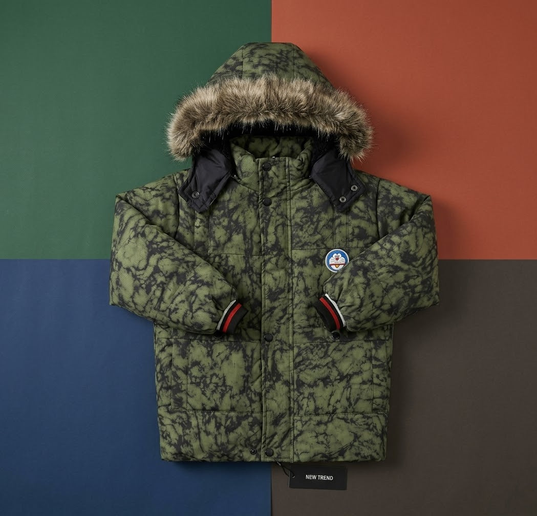 Kids Olive Green Tie-Dye Faux Fur-Lined Winter Puffer Jacket | Boys Hooded Coat with Fur Trim