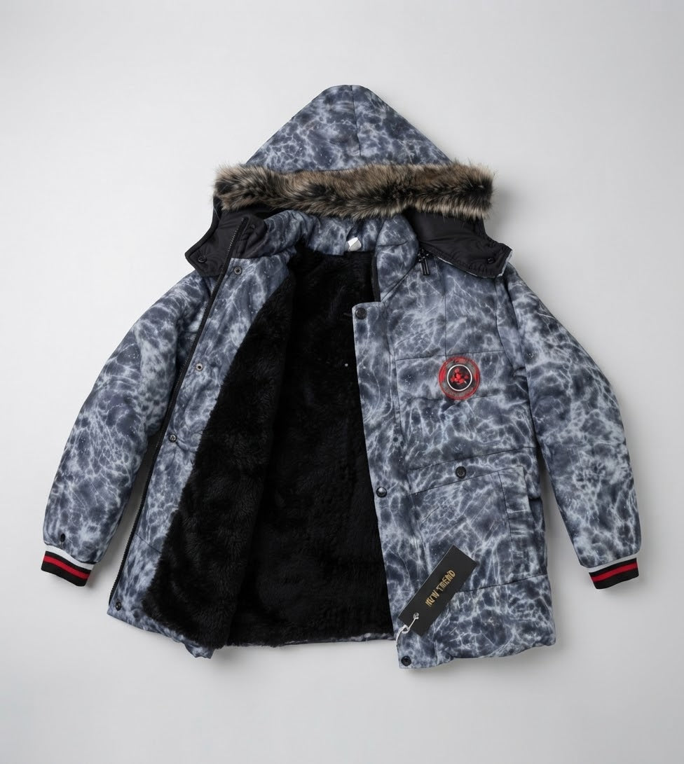 Kids Grey Tie-Dye Faux Fur-Lined Winter Puffer Jacket | Boys Hooded Coat with Fur Trim