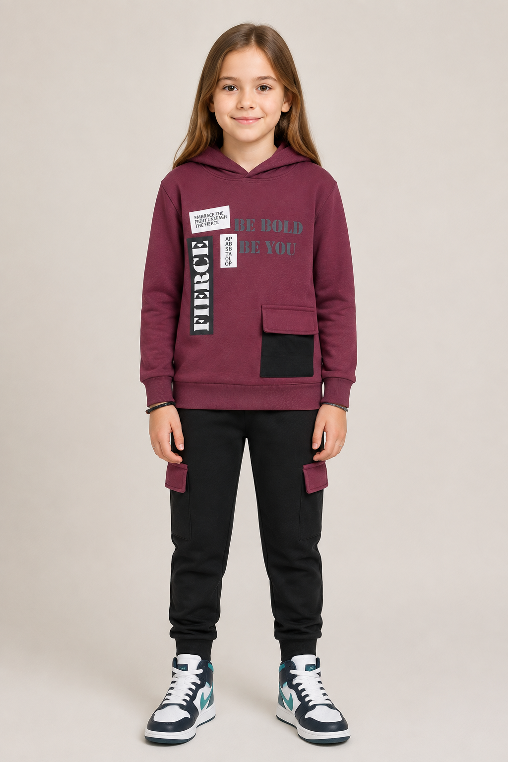Kids "Be Bold" Maroon Hoodie & Cargo Jogger Set | Boys Stylish Winter Outfit