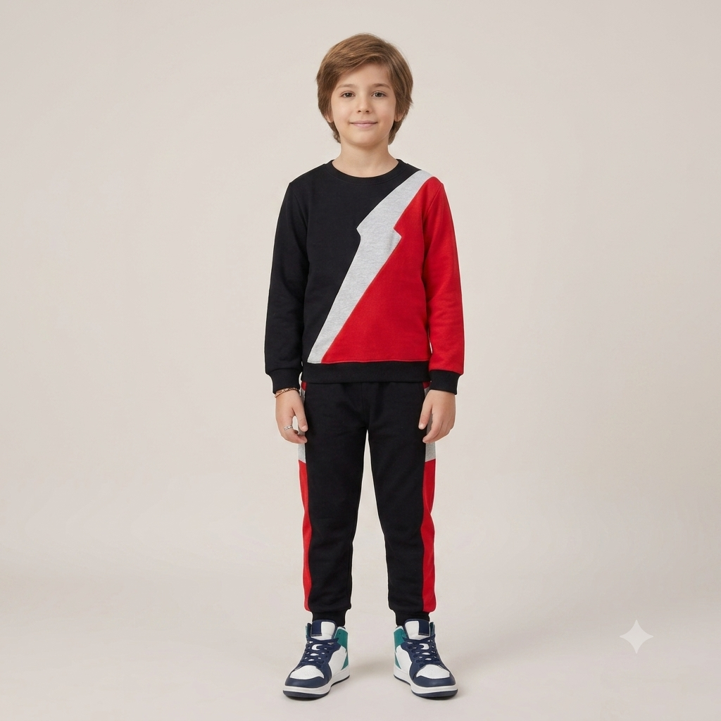 Chhotu's Club Lightning Bolt Sweatshirt & Jogger Set | Boys Black, Yellow Red & Grey Fleece Tracksuit