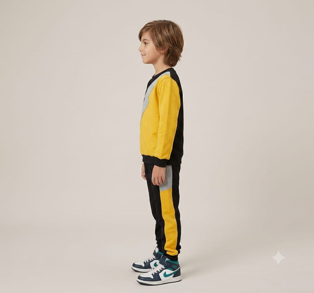 Chhotu's Club Lightning Bolt Sweatshirt & Jogger Set | Boys Black, Yellow Red & Grey Fleece Tracksuit