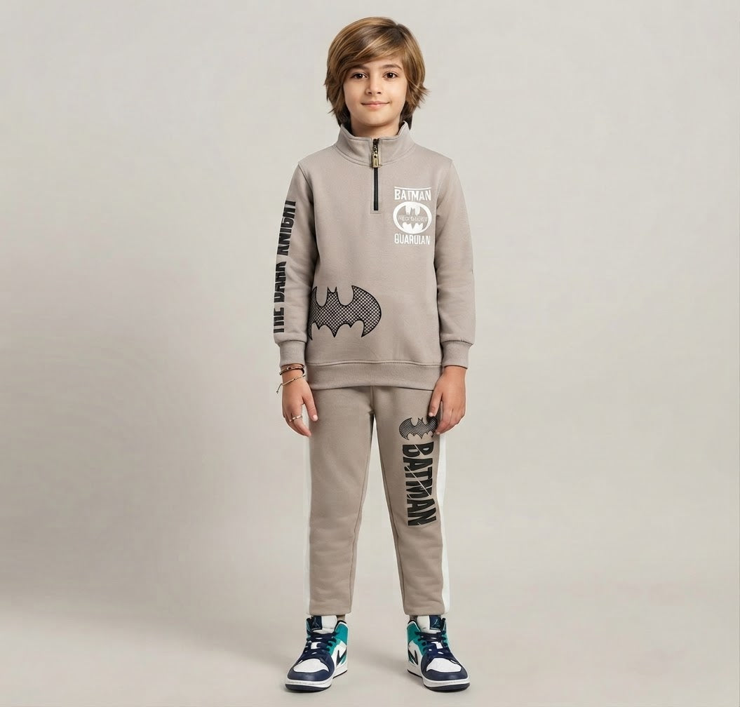 Kids Batman Half-Zip Tracksuit | Boys Taupe Superhero Fleece Outfit