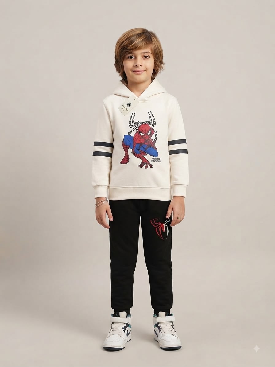 Chhotu's Club Spider-Man Yellow & Off White Hoodie & Black Jogger Set | Boys Marvel Fleece Tracksuit
