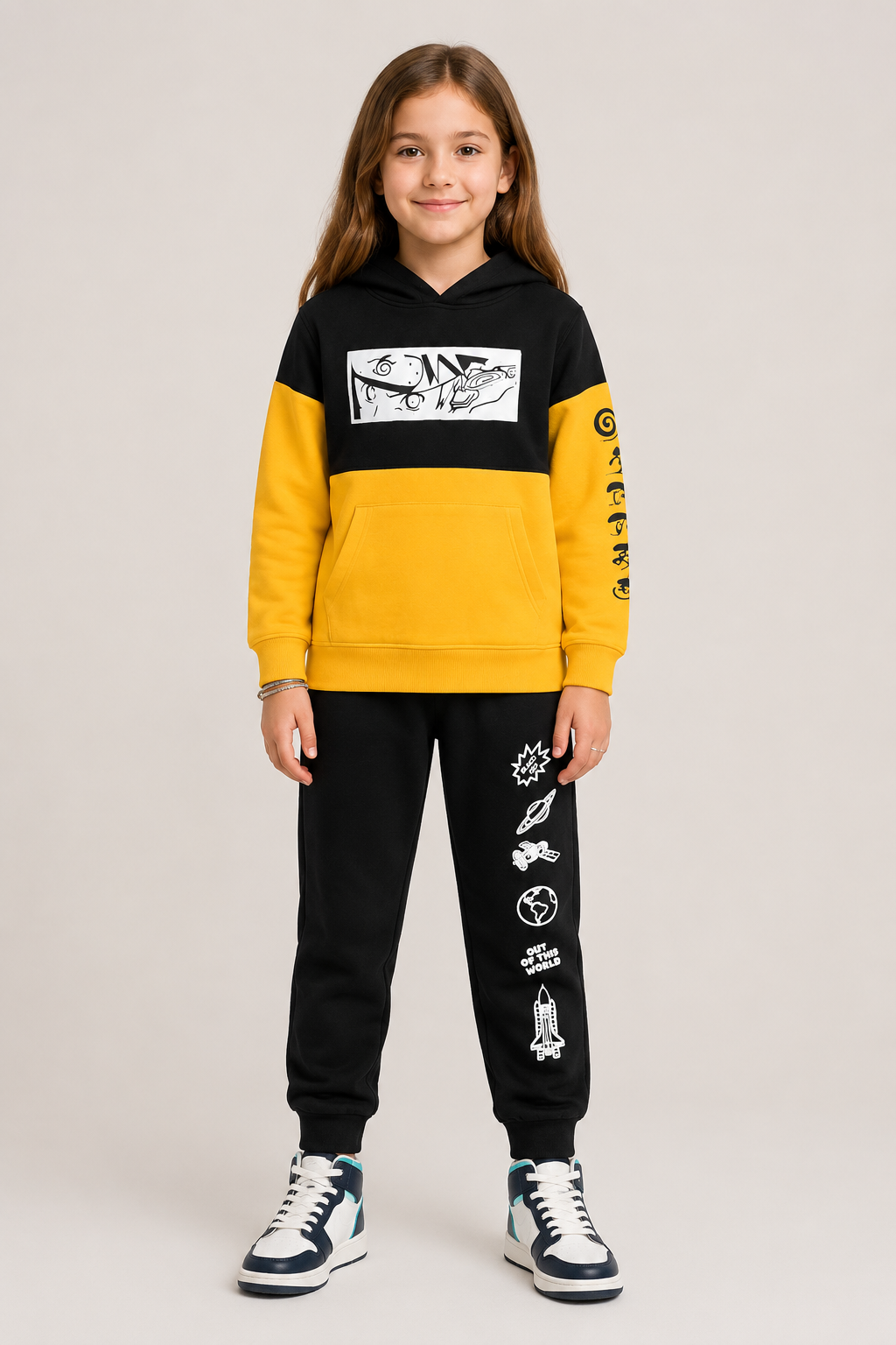 Chhotu's Club "Out of This World" Black & Yellow Kids Hoodie Set | Space Print Tracksuit