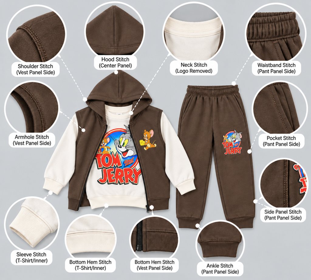 Kids "Tom and Jerry" 3-Piece Fleece Vest & Tracksuit Set | Boys Brown & Off-White Cartoon Outfit