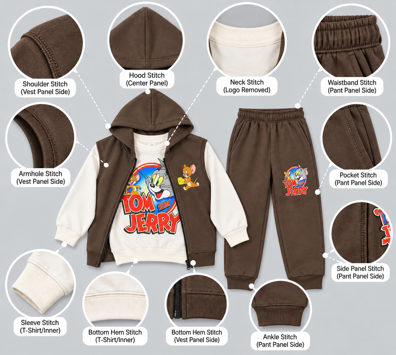 Kids "Tom and Jerry" 3-Piece Fleece Vest & Tracksuit Set | Boys Brown & Off-White Cartoon Outfit