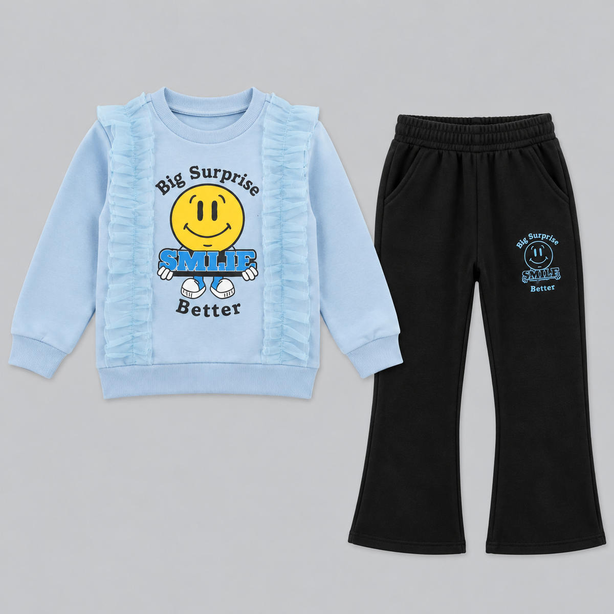 Girls "Big Surprise Smile Better" Ruffle Sweatshirt & Flapper Trousers Set | Blue & Black Fleece Outfit