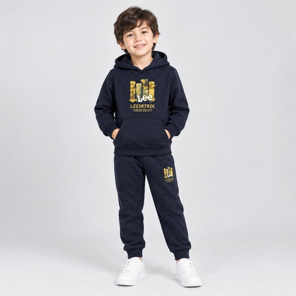 Kids Navy Blue Hooded Sweatshirt & Jogger Set – Printed Tracksuit