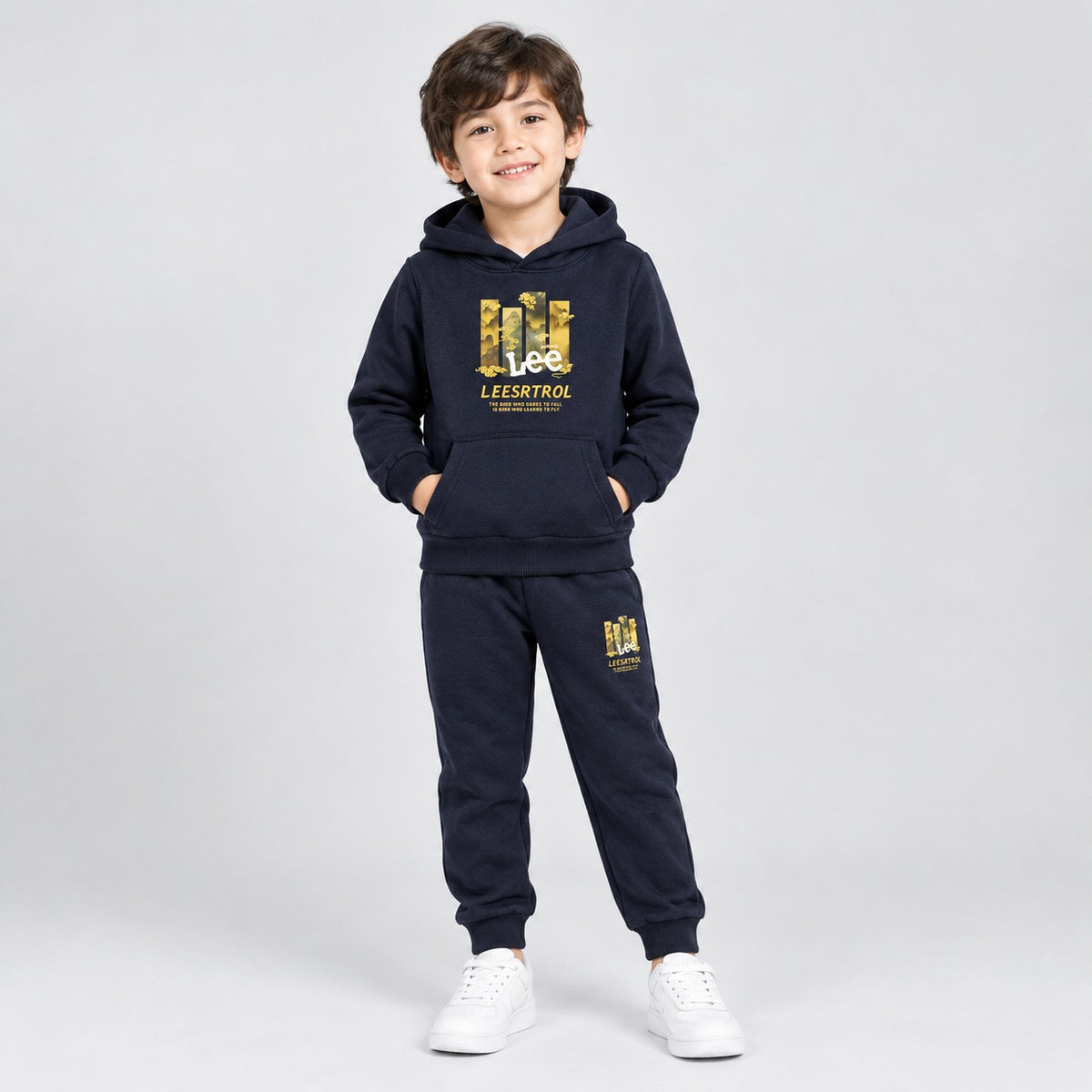 Kids Navy Blue Hooded Sweatshirt & Jogger Set – Printed Tracksuit