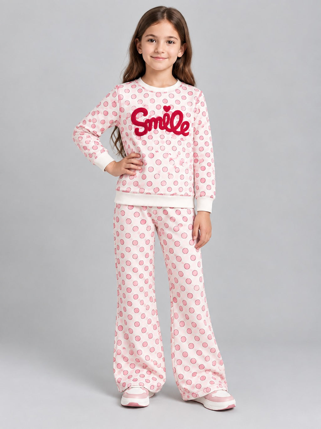 Girls Smile Polka Dot Top & Wide-Leg Pants Set