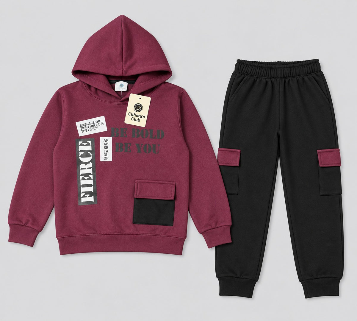 Kids "Be Bold" Maroon Hoodie & Cargo Jogger Set | Boys Stylish Winter Outfit