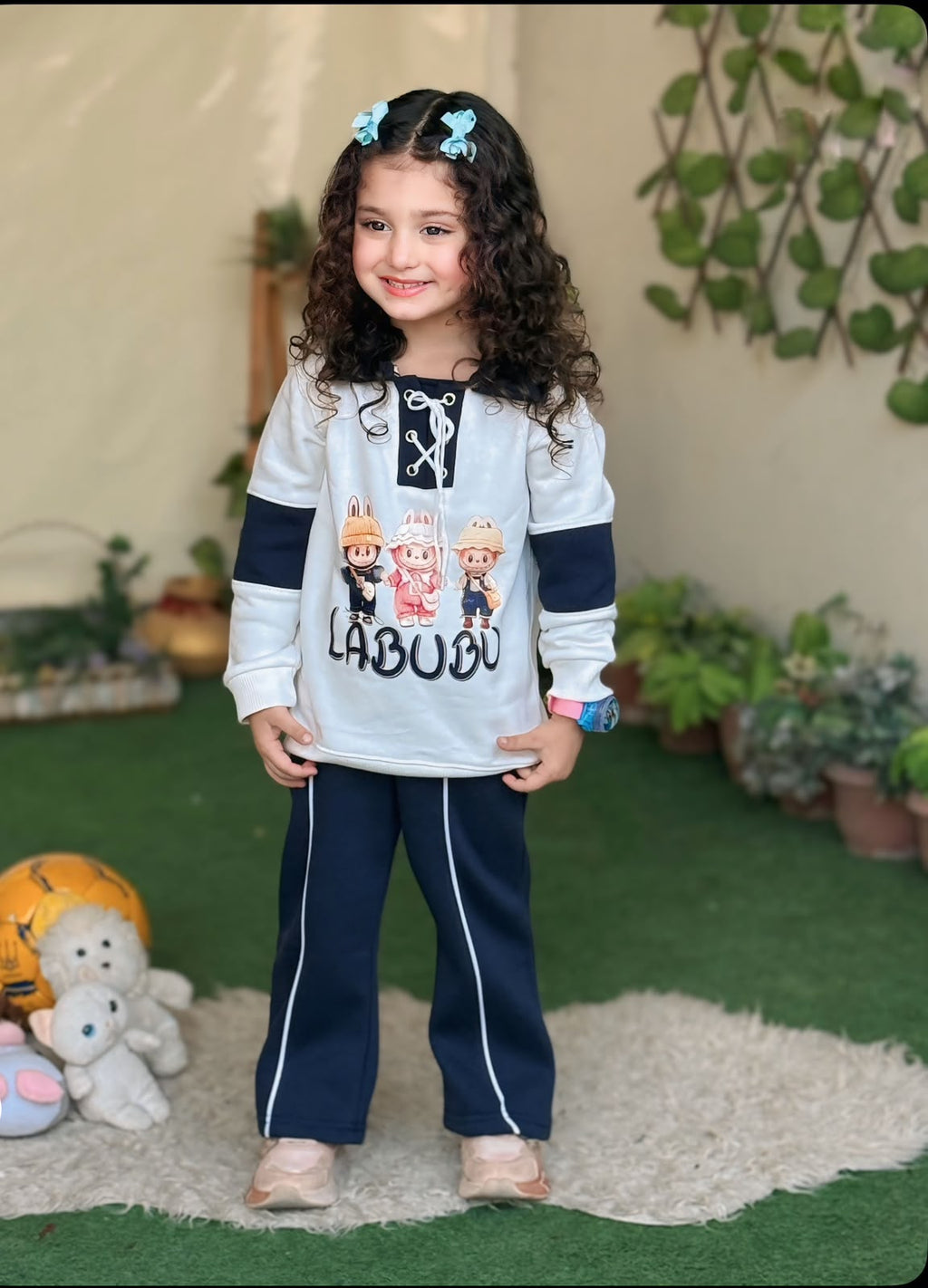 Girls’ Olive & Navy Graphic Sweatshirt with Matching Track Pants Set