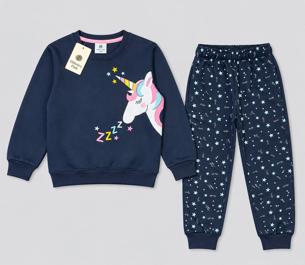 Girls Magical Unicorn & Star Sweatshirt & Joggers Set – Navy Blue Winter Tracksuit