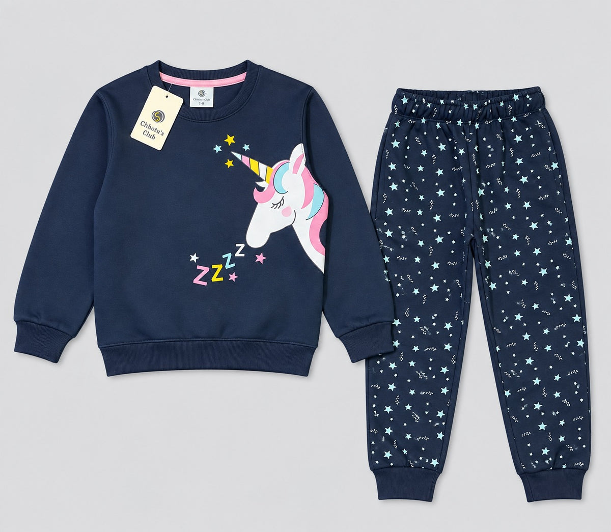 Girls Magical Unicorn & Star Sweatshirt & Joggers Set – Navy Blue Winter Tracksuit