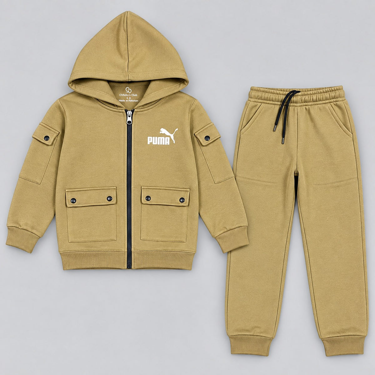 Kids Hooded Zip-Up Cargo Tracksuit Set
