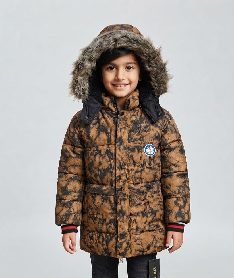 Kids Brown Tie-Dye Faux Fur-Lined Winter Puffer Jacket | Boys Hooded Coat with Fur Trim