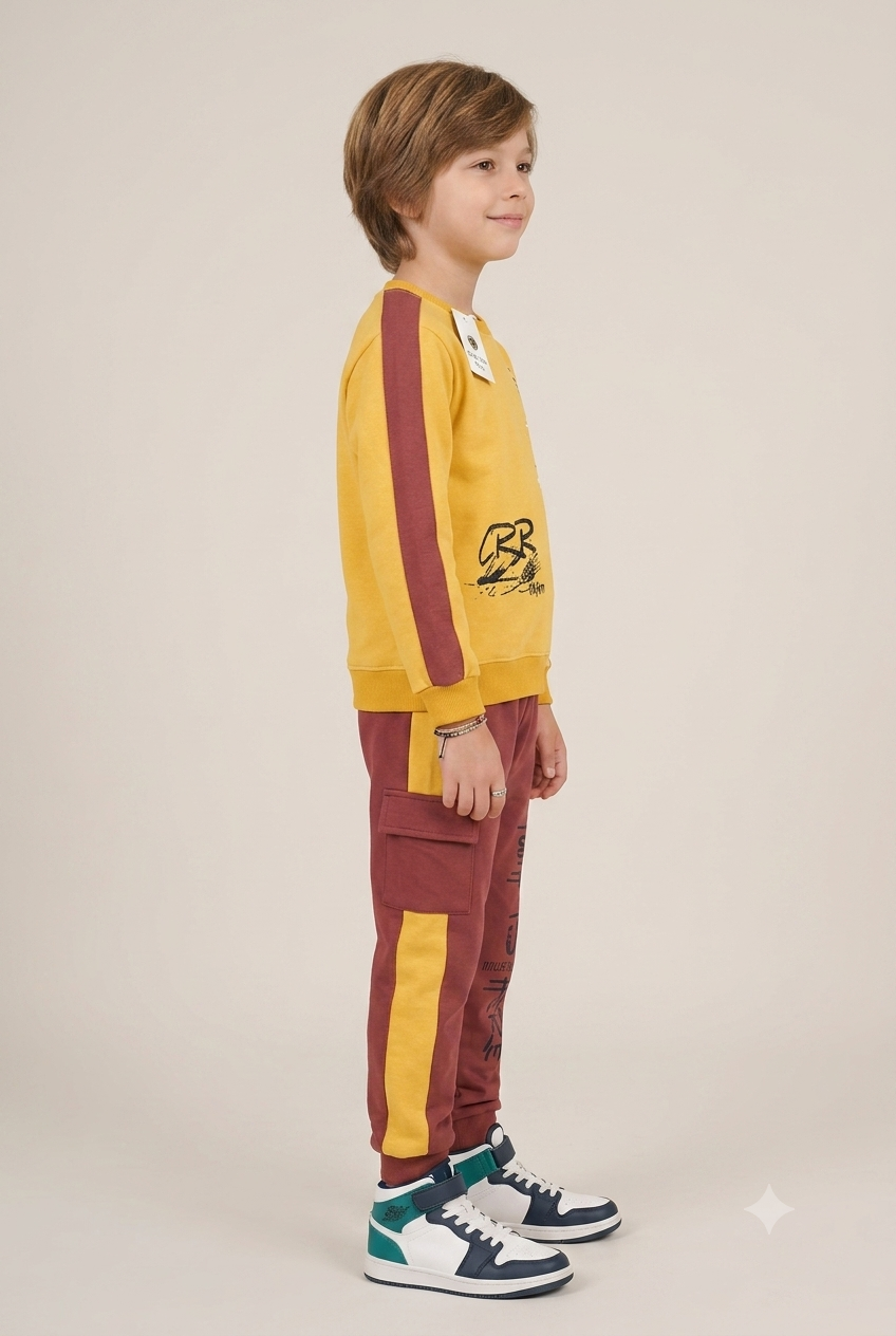 Kids "Youth Is Here" Mustard & Maroon Sweatshirt & Jogger Set | Boys Streetwear Fleece Tracksuit