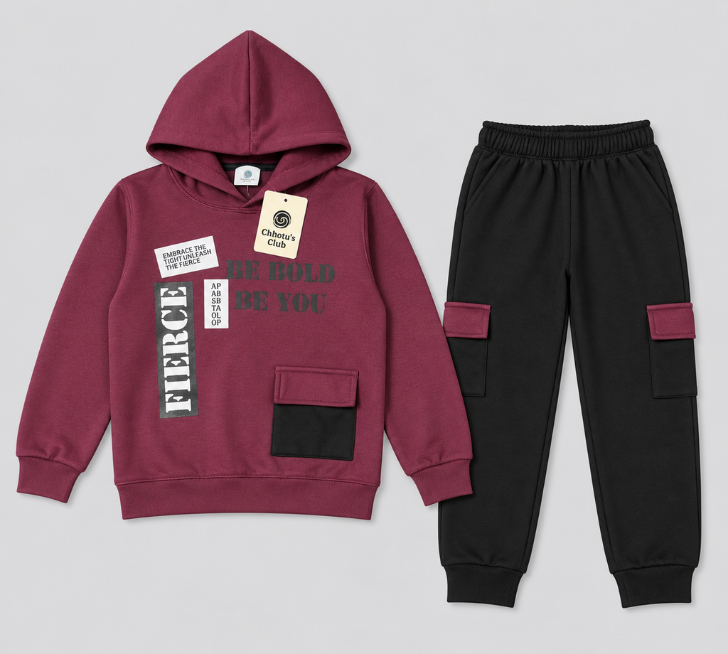 Kids "Be Bold" Maroon Hoodie & Cargo Jogger Set | Boys Stylish Winter Outfit
