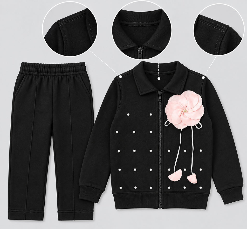Girls Black 2-Piece Tracksuit Set with Pink Flower Detail