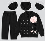 Girls Black 2-Piece Tracksuit Set with Pink Flower Detail