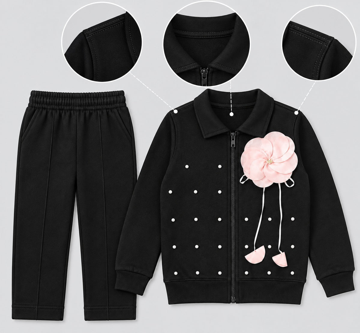 Girls Black 2-Piece Tracksuit Set with Pink Flower Detail