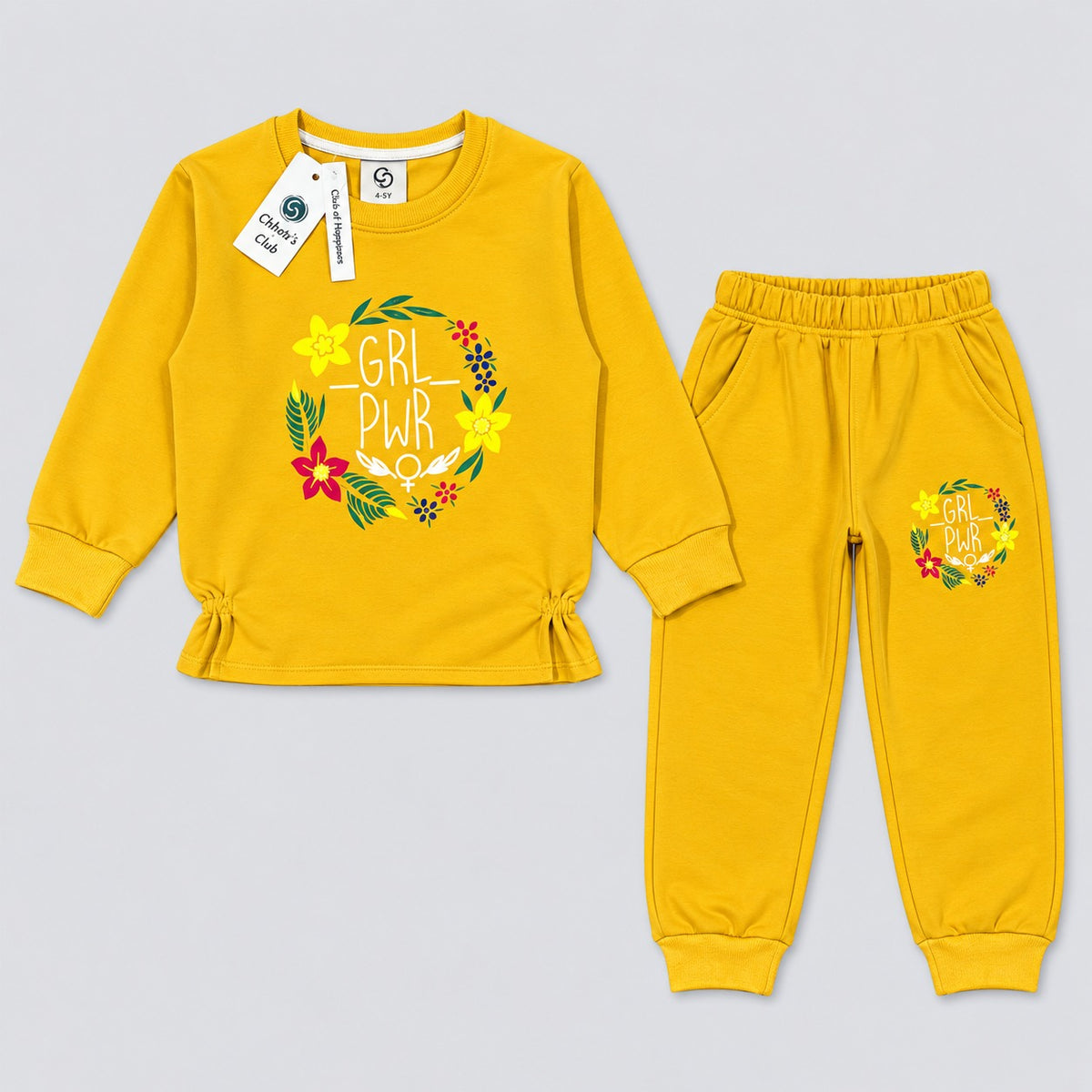 Girls "GRL PWR" Floral Sweatshirt & Joggers Set – Vibrant Yellow Tracksuit