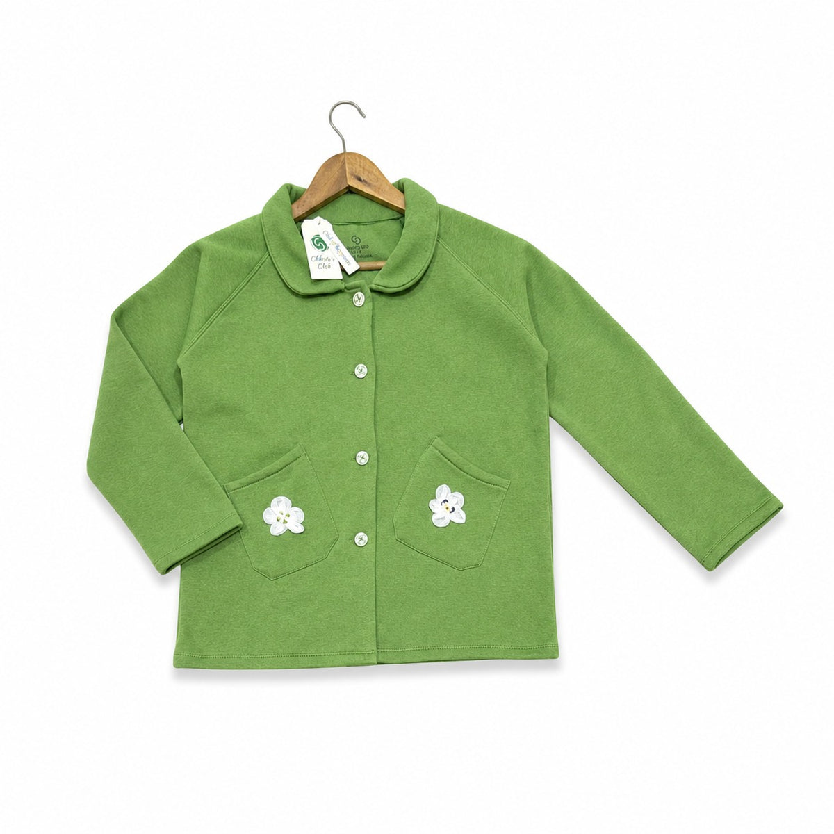 Green Button-Up Jacket with Floral Pocket