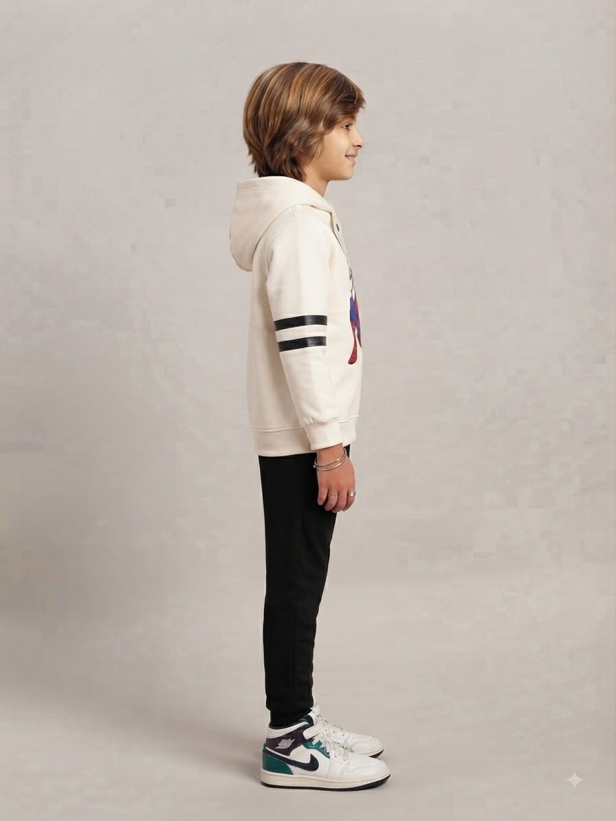 Chhotu's Club Spider-Man Yellow & Off White Hoodie & Black Jogger Set | Boys Marvel Fleece Tracksuit