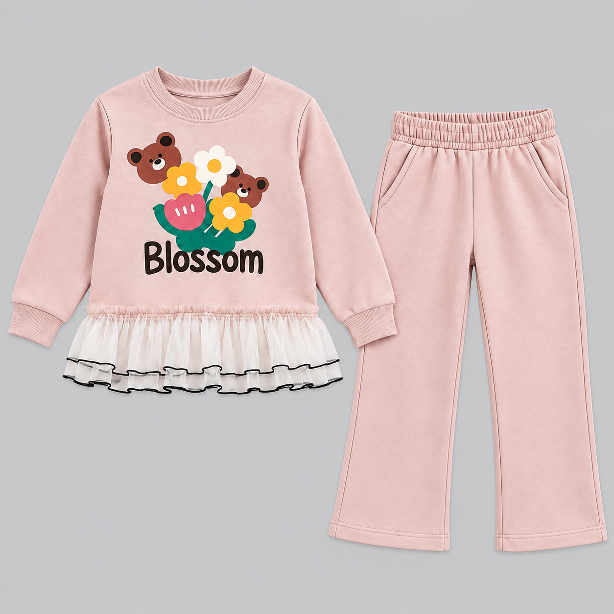 Girls Blossom Bear Ruffle Top & Wide-Leg Pants Set