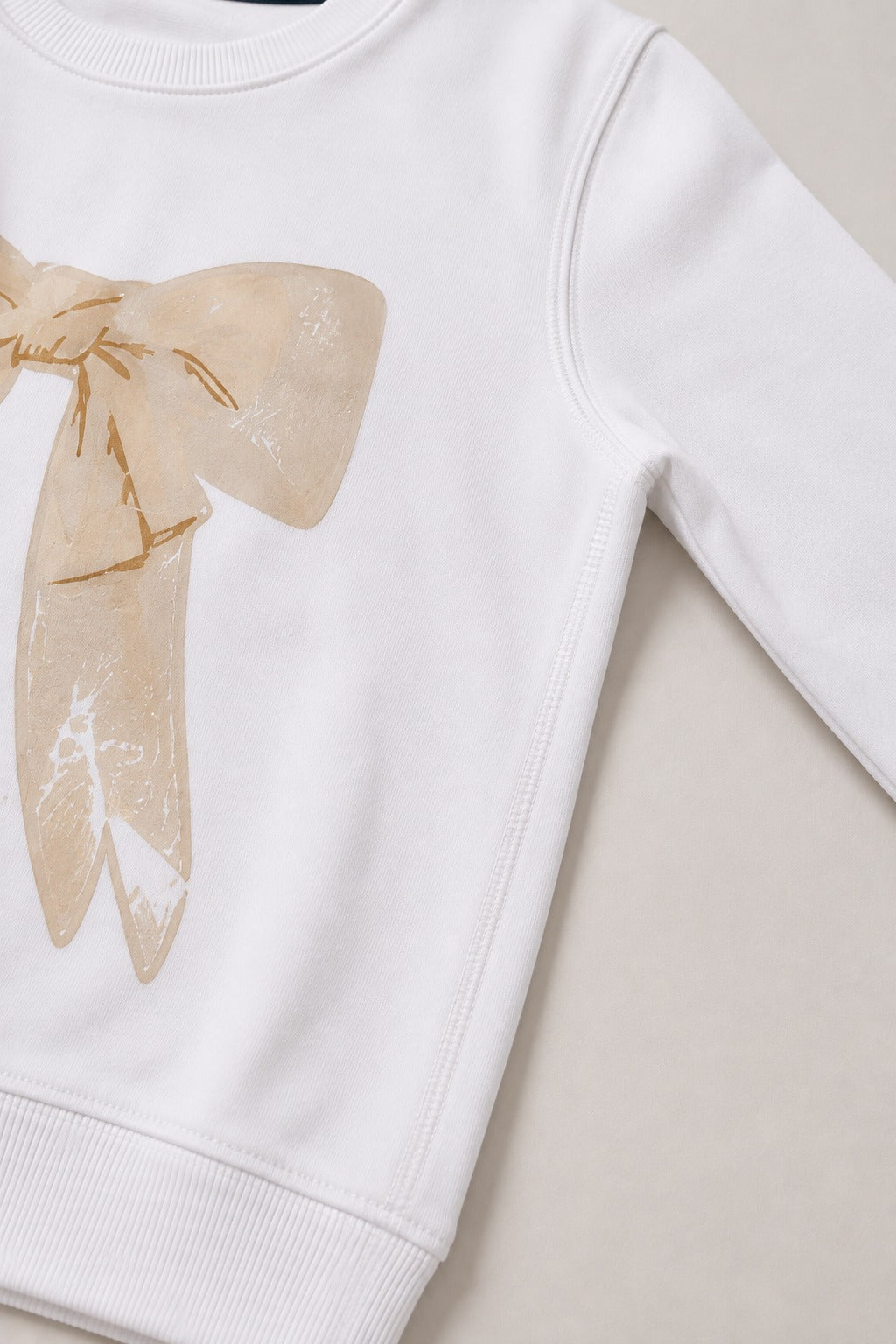 Girls Bow Detail Sweatshirt & Wide-Leg Pants Set – White & Beige