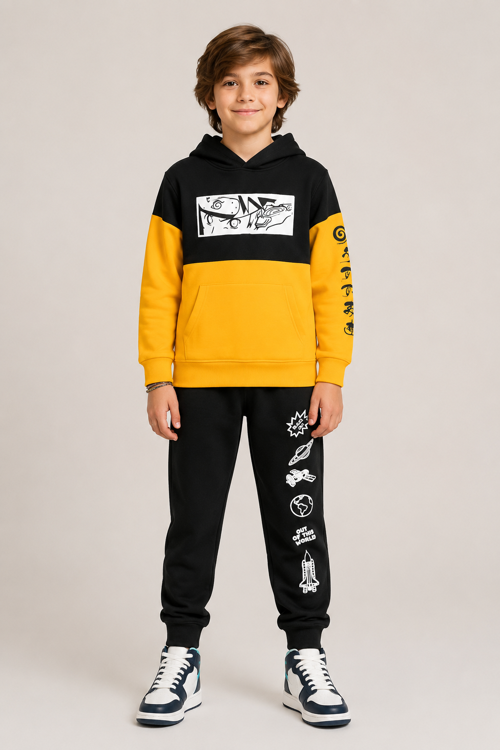 Chhotu's Club "Out of This World" Black & Yellow Kids Hoodie Set | Space Print Tracksuit