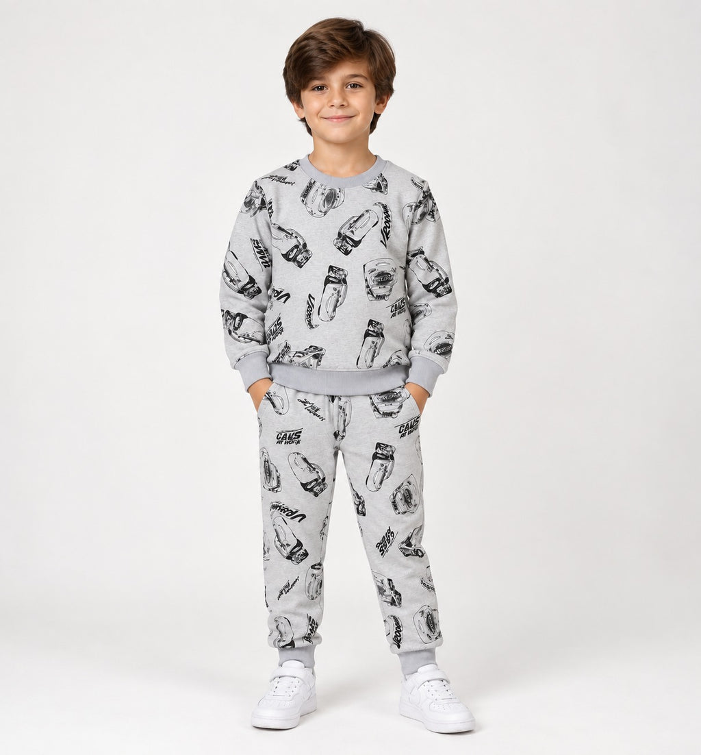 Kids All-Over Car Print Grey Sweatshirt & Jogger Set | Boys Vroom Streetwear Tracksuit
