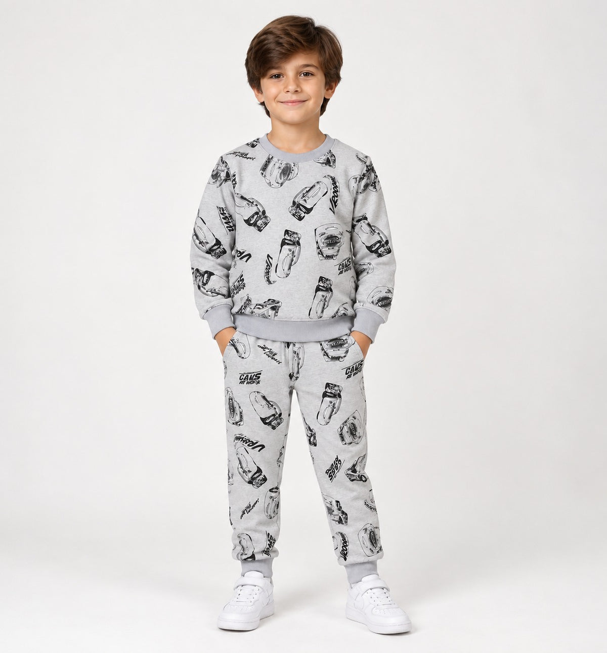 Kids All-Over Car Print Grey Sweatshirt & Jogger Set | Boys Vroom Streetwear Tracksuit
